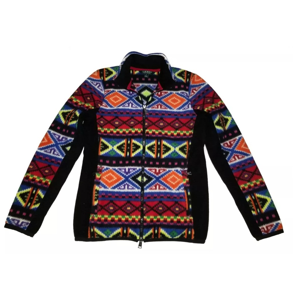 RALPH LAUREN Fleece Jacket Black Multi Aztec Southwest Full Zip EUC Womens Sz. M